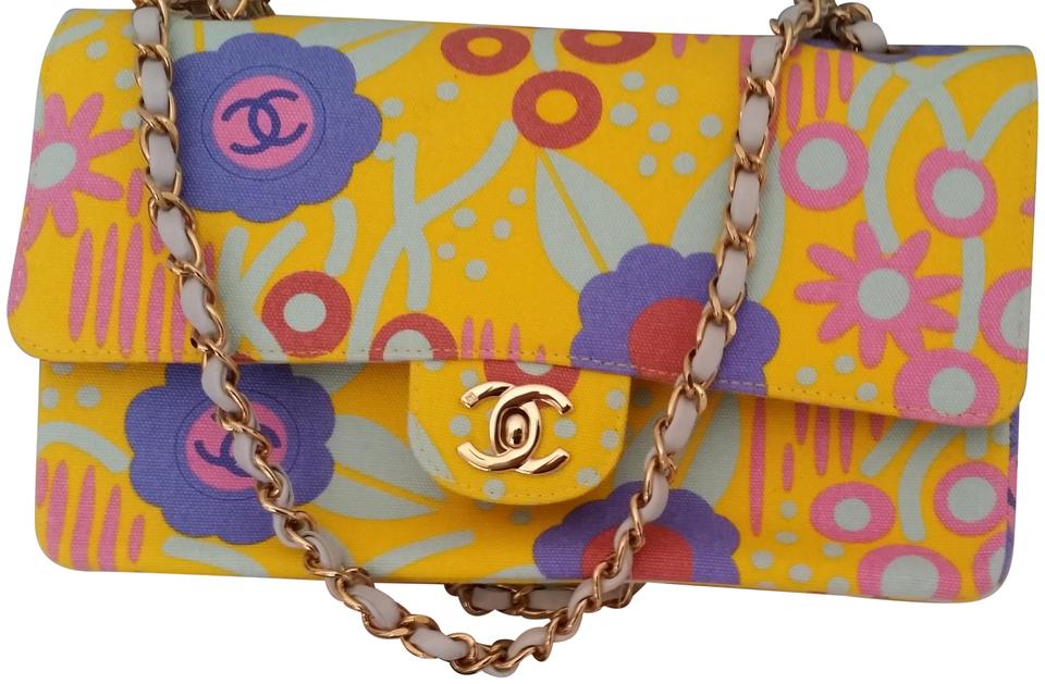 chanel-vintage-floral yellow multicolor canvas shoulder bag
